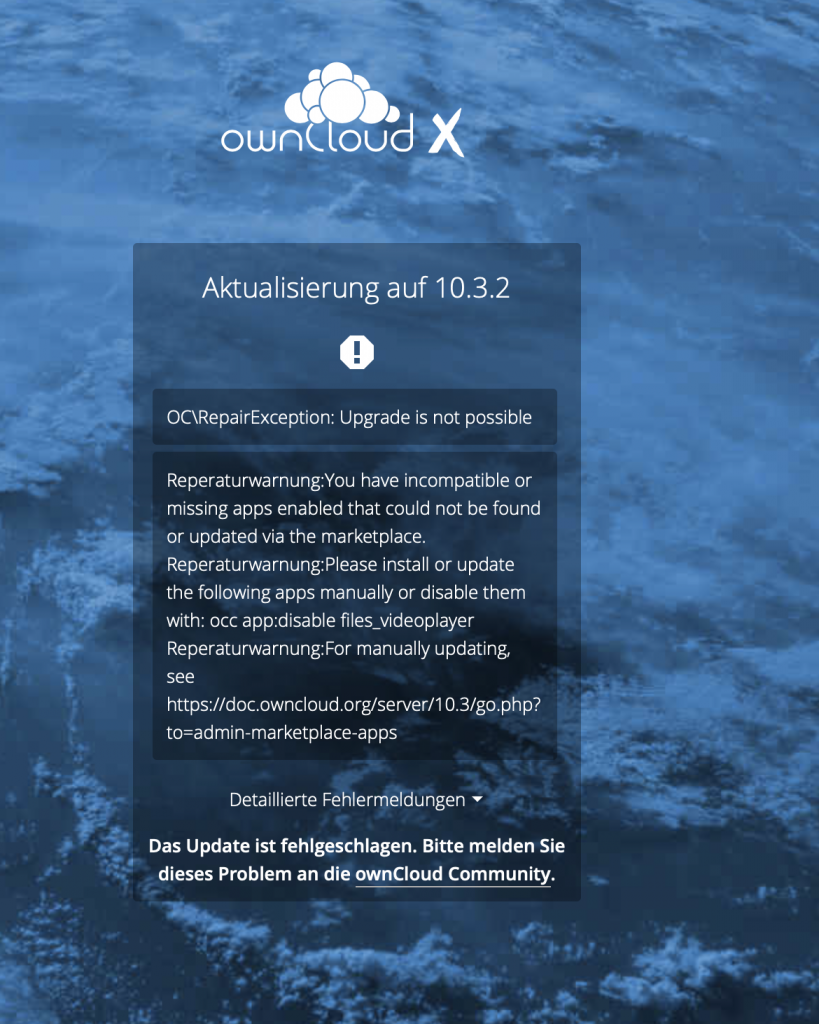 Meldung: ownCloud wird auf Version 10.3.2 aktualisiert