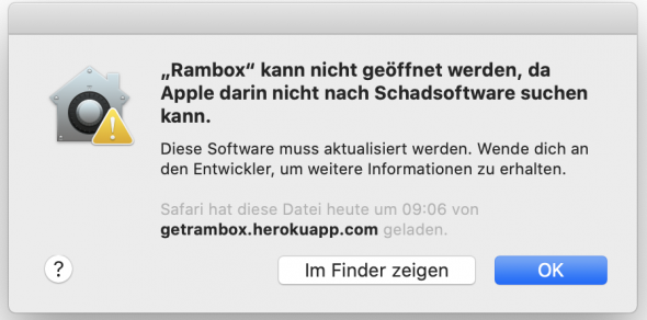 macOS Catalina – Anwendung kann nicht geöffnet werden, da Apple darin nicht nach Schadsoftware suchen kann.